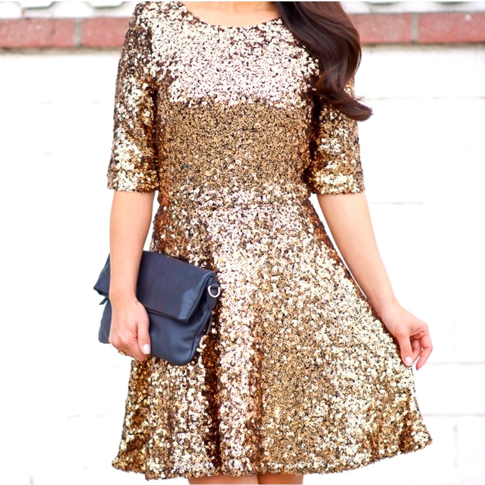 French Connection ‘Ozlem’ Sequin Fit & Flare Dress, Gold size 4